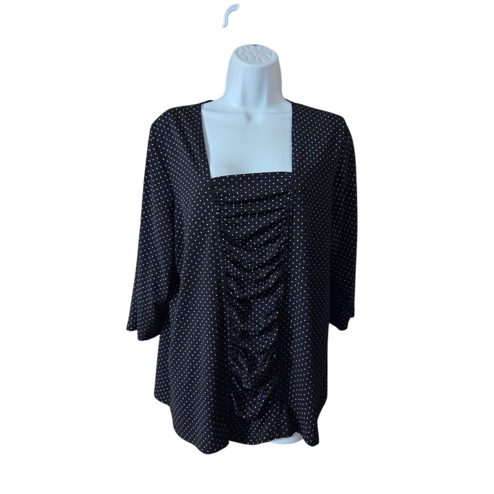 Vintage Black White Polka Dot Dquare Neck 3/4-Sleeve Stretch Top Ruching 18/20